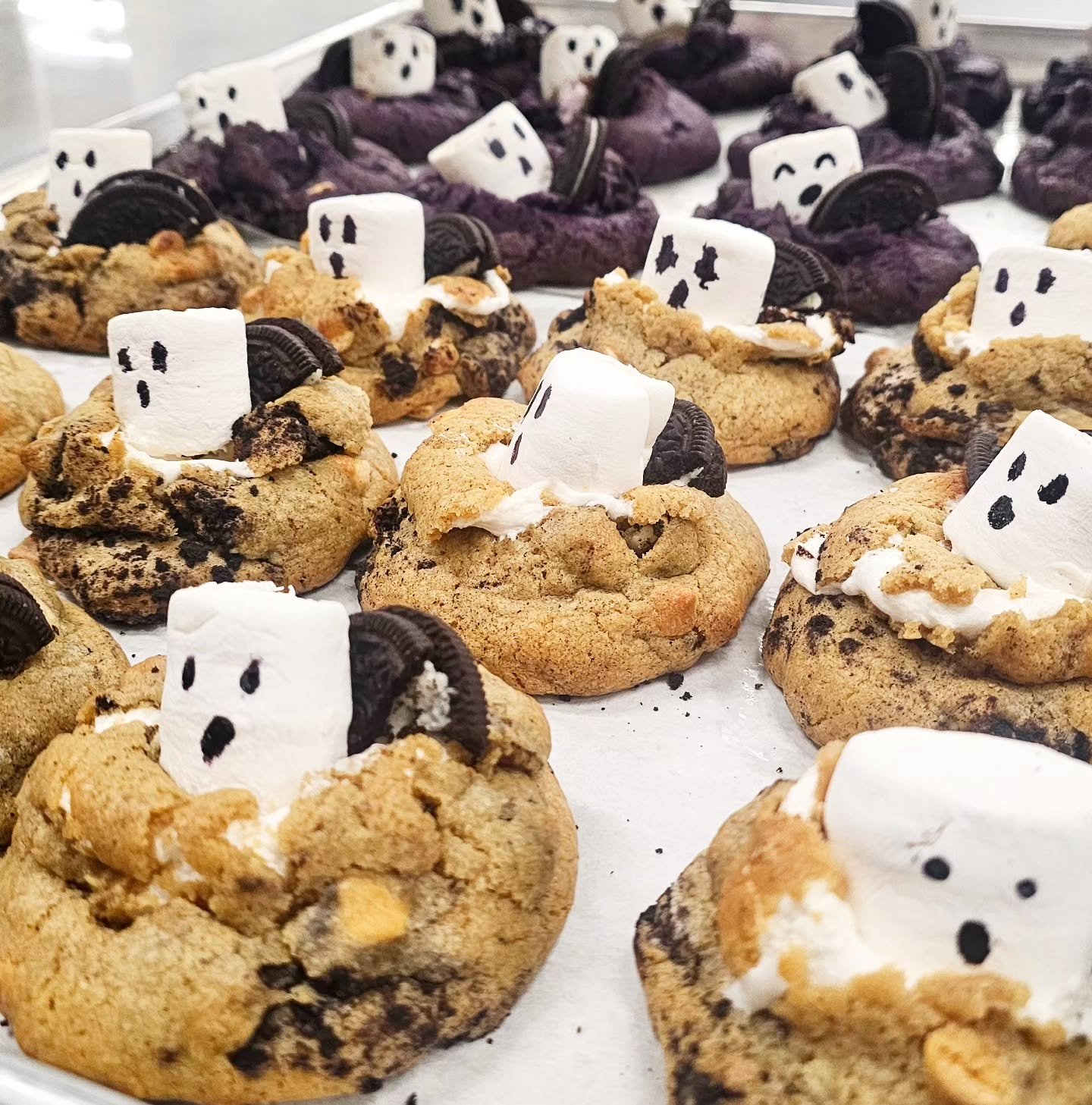 Thick stuffed cookies with ube and pandan cookies